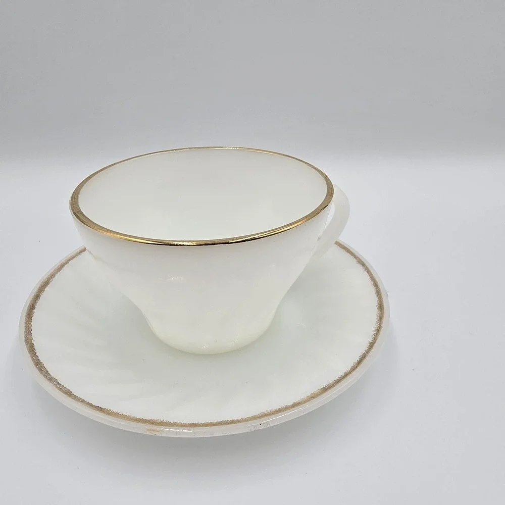Fire-King Anchor Hocking White Swirl Milk Glass Tea Cup Saucer Gold‎ Rim